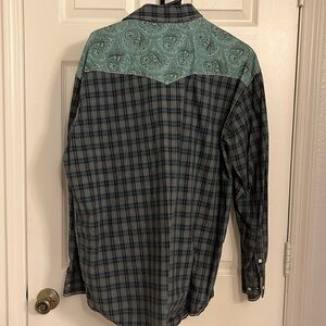 COPY - Panhandle Slim size large pearl snap western shirt. Blue and turquoise.